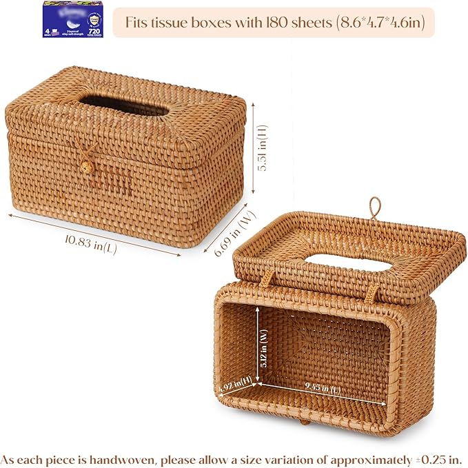 Rattan Rectangular Tissue Box Cover, 10.8" x 6.7" x 5.5", Decorative Woven Facial Tissue Holder with Hinged Top Lid, Fits Up to 180 Sheets, Natural Color