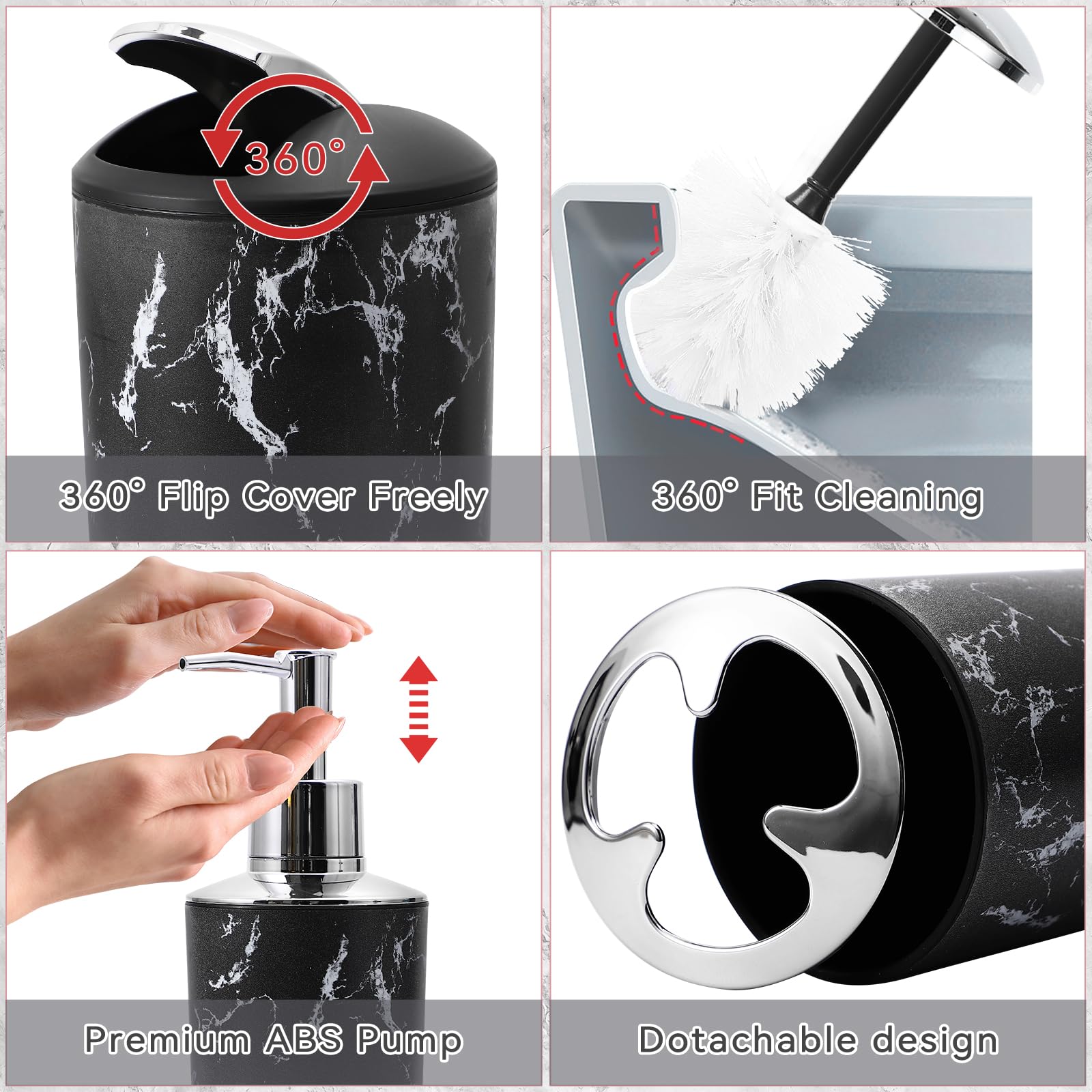XLHOMO Black Marble Bathroom Accessories Set, Black Bathroom Set with Trash Can, Vanity Tray, Soap Dispenser, Soap Dish, Toothbrush Holder, Toothbrush Cup, Toilet Brush and Qtip Holders for Bathroom