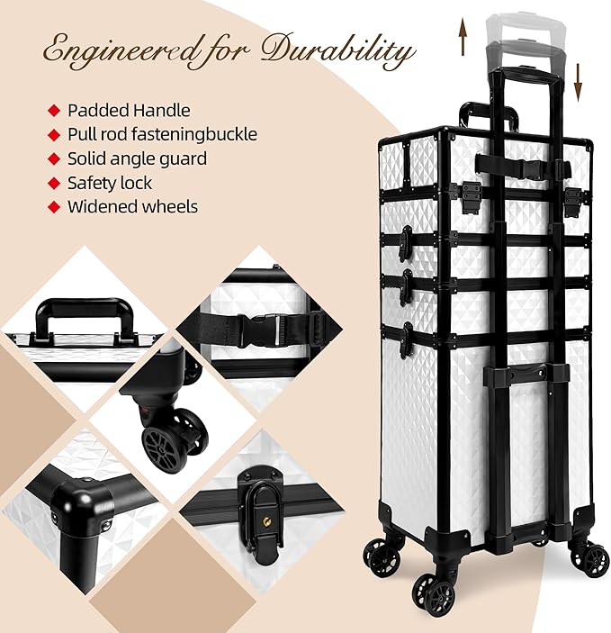 5 in 1 Rolling Makeup Train Case on Wheels Large Cosmetic Organizer Travel Cart for Women Beauty Salon Barber Hairstylist White