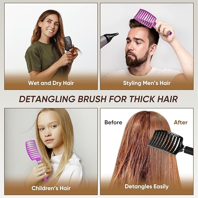Kertiberif 2 Pack Curved Vented Detangling Brush for Wet and Dry Hair, Paddle Styling Hair Brush for Faster Blow Drying, Detangler Brush for Women Men Curly Thick Hair