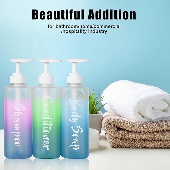 Shampoo and Conditioner Dispenser Set of 3, 17oz Shower Soap Bottles with Permanent Label, Refillable Shampoo and Conditioner Dispensers for Bathroom, Gradient Frosted Blue Empty Bottles with Pump