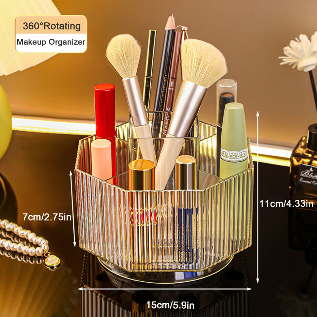 LINFIDITE 360°Rotating Makeup Brush Holder Cosmetic Display Case Clear Makeup Lip Gloss Organizer Case with 5 Slots Round Turntable Storage Tray for Vanity, Bathroom, Counter Organizer Clear White