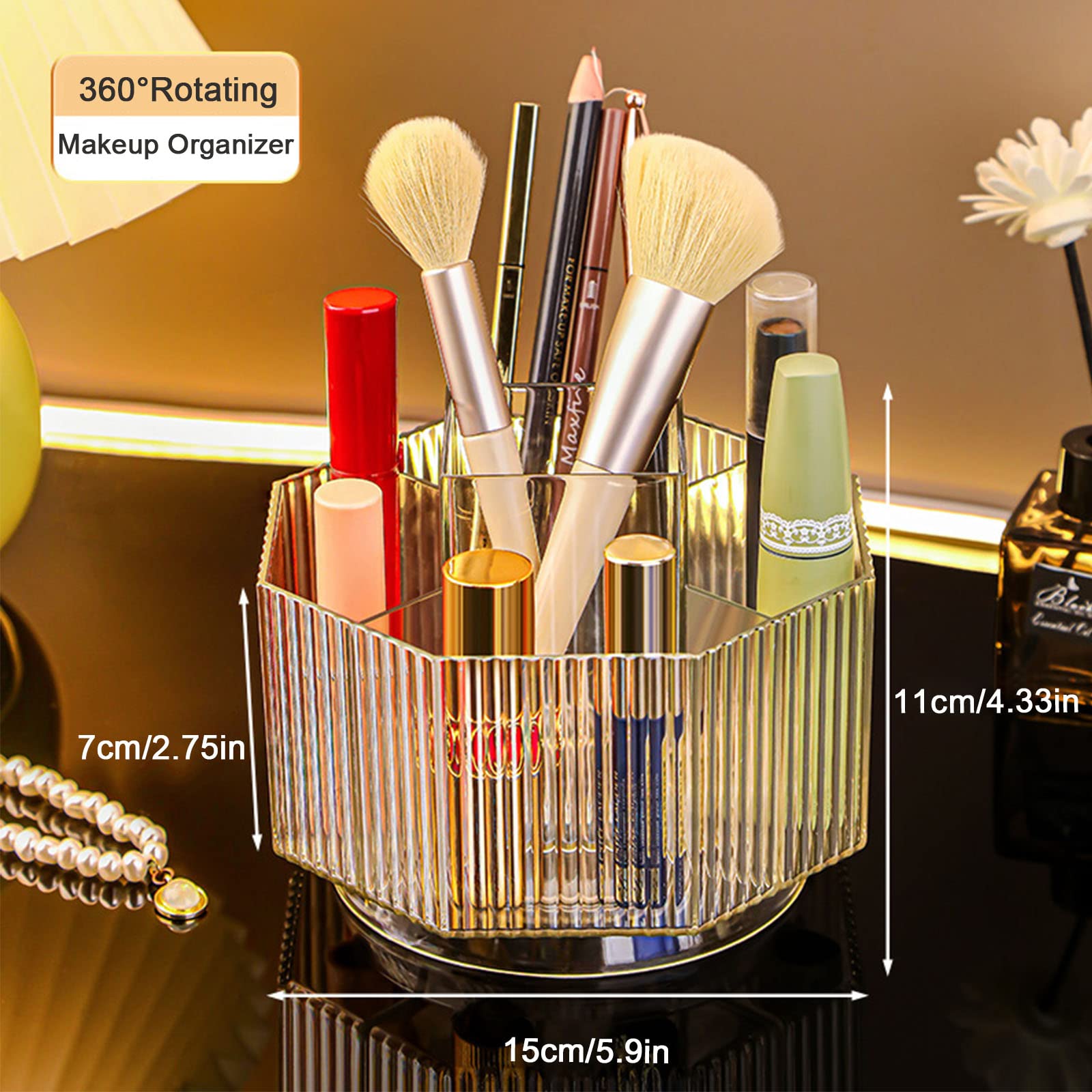 LINFIDITE 360°Rotating Makeup Brush Holder Cosmetic Display Case Clear Makeup Lip Gloss Organizer Case with 5 Slots Round Turntable Storage Tray for Vanity, Bathroom, Counter Organizer Clear White