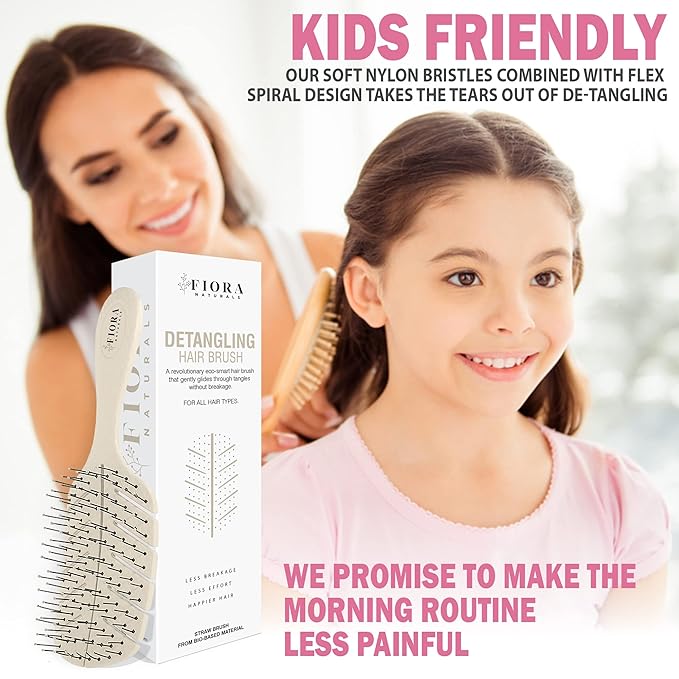 Detangler Brush by Fiora Naturals - 100% Bio-Friendly Detangling brush w/Ultra-Soft Bristles - Glide Through Tangles with Ease - For Curly, Fine, Black Natural, Women, Men, Kids - Dry and Wet Hair