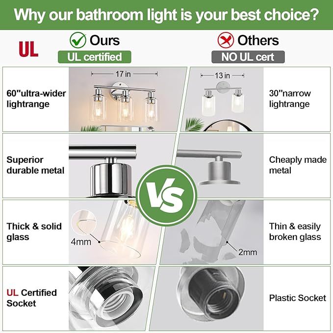 Zarbitta 3-Light Bathroom Light Fixtures, Chrome Bathroom Wall Light with Clear Glass Shade, Bathroom Wall Lamp for Mirror Kitchen Living Room Hallway Cabinet