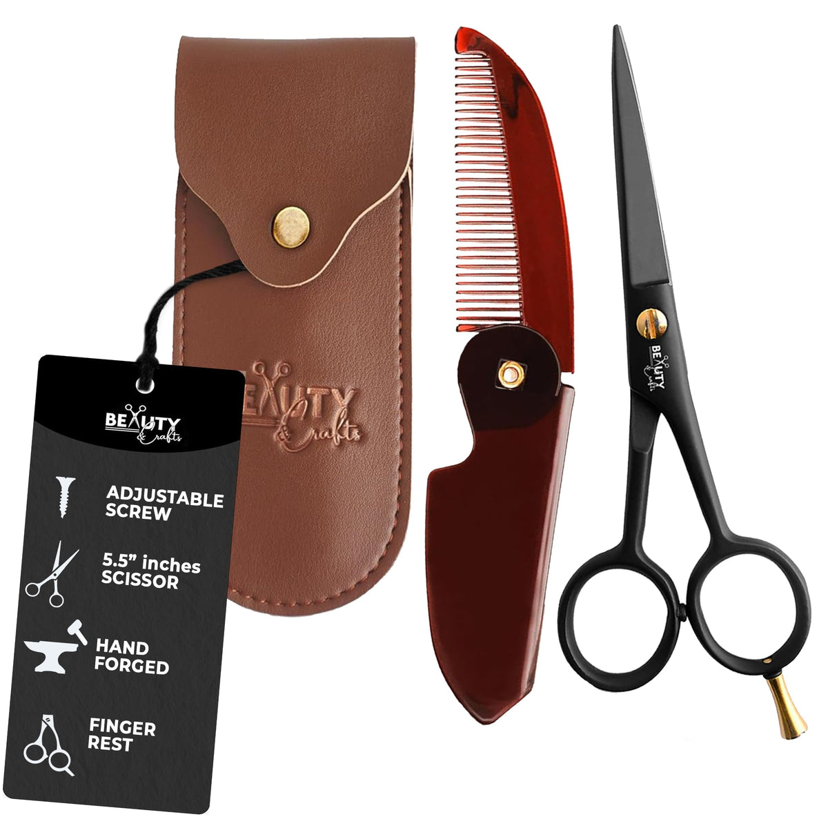 5'' German Beard Mustache Scissor- 2 Mustache Combs for Facial Hair with Beautiful Pouch -Beard Trimming Scissors for Grooming, Cutting, and Styling of Mustache (Black with Folding Comb)