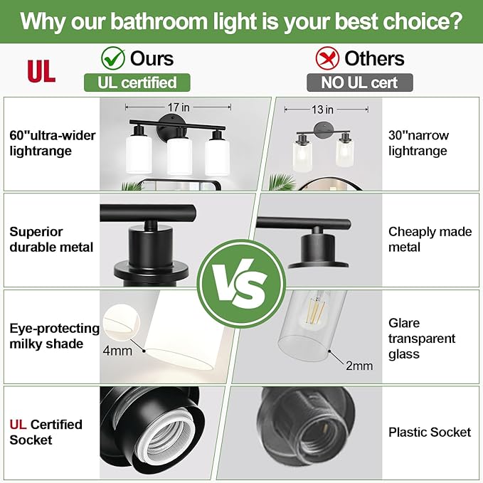 Zarbitta 3-Light Bathroom Light Fixtures, Black Modern Vanity Lights with Milky White Frosted Glass Shades, Bathroom Wall Lamp for Mirror Kitchen Living Room Hallway Cabinet Porch