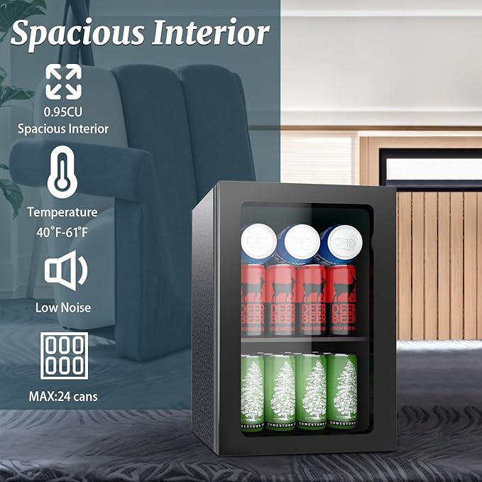 Erivess Compact Freestanding Beverage Refrigerator, 25 Can/0.95 Cubic Feet Mini Fridge with Front Door for Soda, Beer or Wine, Under Counter Small Refrigerator with Adjustable Shelves