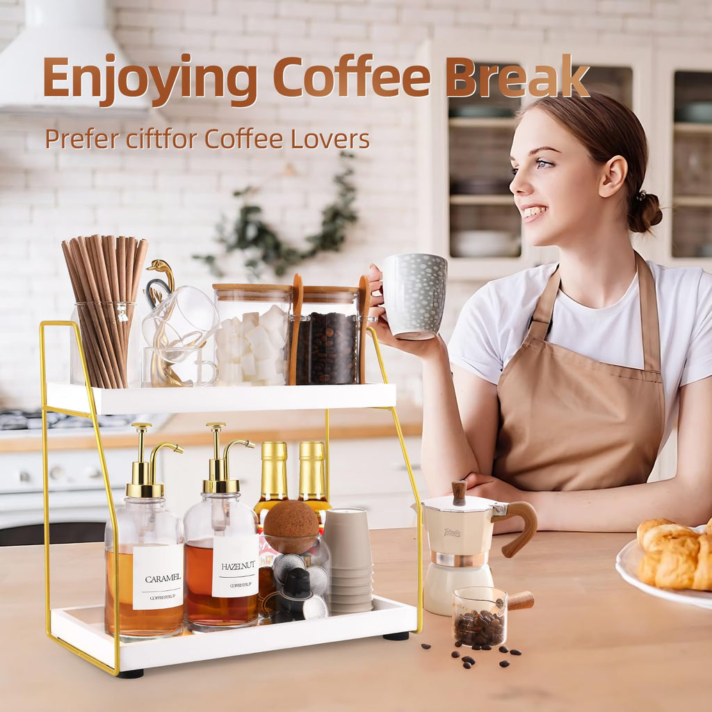 DWTS 2 Tier Wood/Gold Metal Coffee Station Organizer,Coffee Bar Accessories