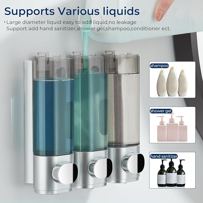 Shampoo and Conditioner Dispenser, Pollock Shower Soap Dispenser 3 Chamber No Drill, Wall Mounted Shampoo Body Wash Conditioner for Bathroom Large Capacity Silver