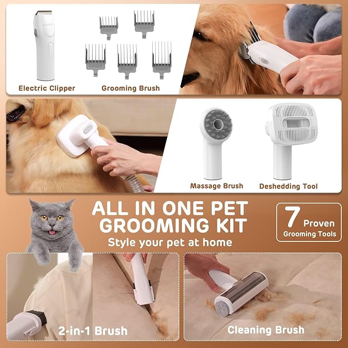 Dog Grooming Vacuum Kit - 3L Vacuum with 7 Tools, Low Noise Electric Clipper and Brush for Pet Shedding at Home, Green