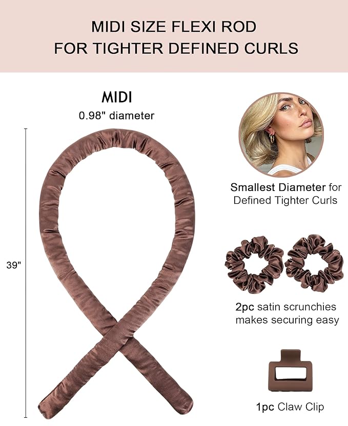 Small Heatless Curls Overnight Hair Curlers Ro324242um Hair to Sleep in, No Heat Curls Overnight Blowout Flexi Rods, Satin Heatless Curlers Curling Set for Fine Thin Hair - Brown