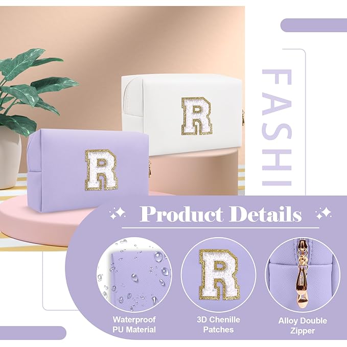 Personalized Makeup Bag Initial A-Z Preppy Patch Bag,Small PU Leather Travel Cosmetic Bag Pouch with Zipper,Purple Cute Toiletry Bag,Gift Ideal for Teen Girls Women Birthday Friend Mom,Latter R