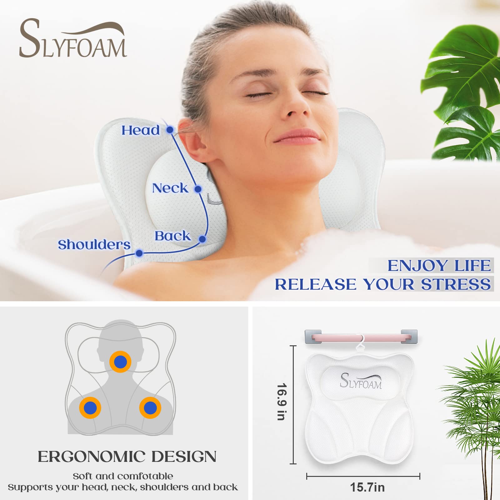 Bath Pillow, Bathtub Pillow with Anti-Slip Suction Cups, 4D Mesh Soft Spa Bath Tub Pillow Headrest, Bath Pillows for Tub with Neck and Back Support Fits Bathtub Spa Tub Jacuzzi, Fathers Day Dad Gifts