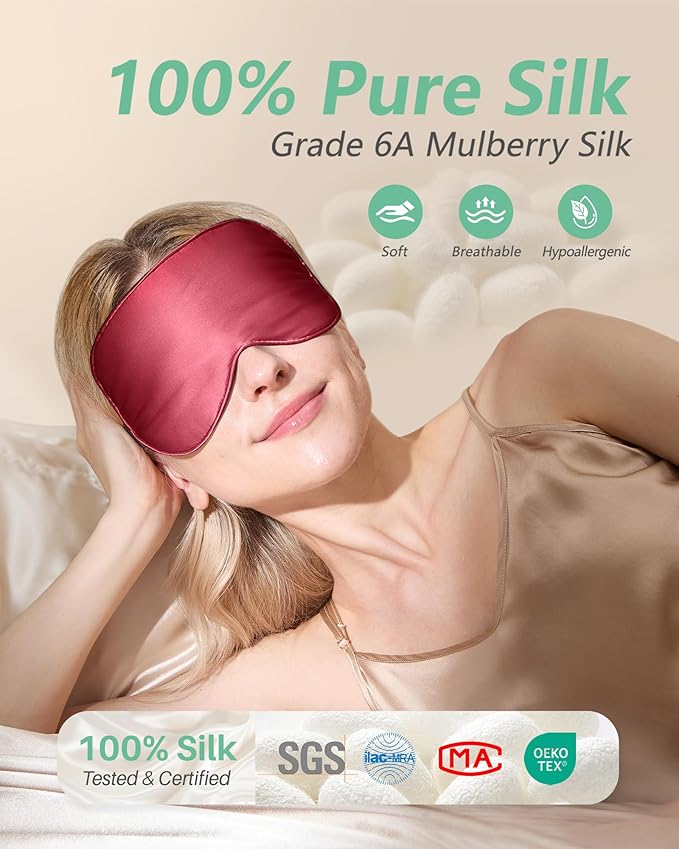 BeeVines 100% Real Mulberry Silk 2 Pack Sleep Mask, Pure Silk Eye Masks with Adjustable Strap for Sleeping, Block Light Eye Shade Cover, Reduces Puffy Eyes Traveling Gifts(Black & Red)