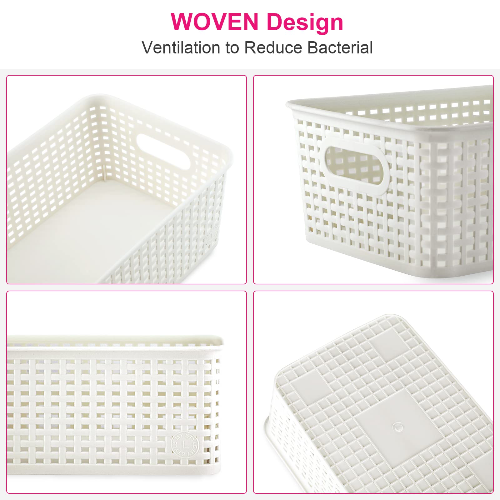 AREYZIN Plastic Storage Baskets With Lid Organizing Container Lidded Knit Storage Organizer Bins for Shelves Drawers Desktop Closet Playroom Classroom Office, White, 6 Pack