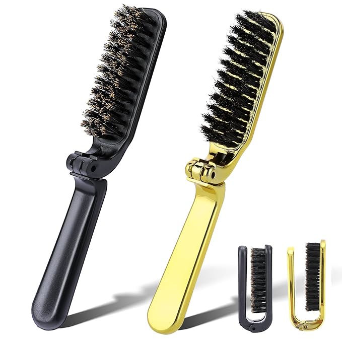2 Pcs Travel Folding Boar Bristles Hair Brush, Collapsable Pocket Anti-Static Range Mini Beard and Hair Styling Tool for Women and Men (Black)