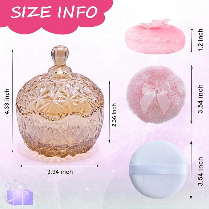 Qopoto 5 Pieces Large Body Powder Puff and Powder Container, Crystal Case for Dust Puff, Powder applicator with Box for Face and Body (Amber, Crown)