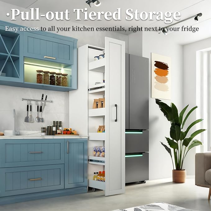JOYSOURCE Tall Narrow Pull-Out Storage Shelf with Wheels 6-Tier Slim Rolling Storage Next to Fridge Spice Rack Shelves for Small Spaces, Kitchen, Laundry Room, White