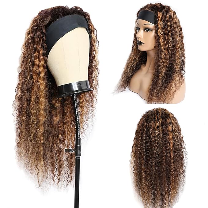 Aiterina Headband Wig Deep Wave Human Hair Ombre Brown Blonde 4/27 Headband Wig Human Hair Glueless None Lace Front Machine Made 150% Density for Black Women 20 inch