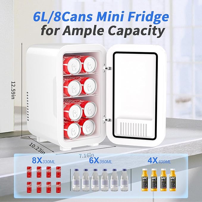 YASHE Mini Fridge, 6 Liter/8 Can 110V AC/DC Portable Thermoelectric Cooler Refrigerators for Bedroom, Personal Skin Care Fridge for Cosmetics, Drink, Milk, Office, Dorm Room and Car, White