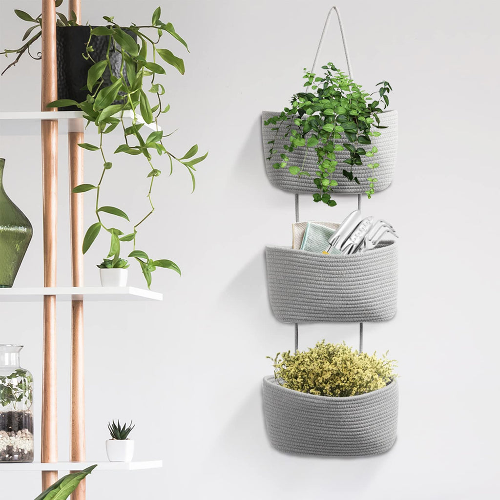 TeoKJ Over the Door Hanging Basket, 3-Tier Woven Cotton Wall-Mounted Storage Organizer Bag Decorative Hanging Nursery Baskets, Gray