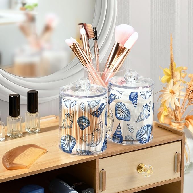 2 Pack Qtip Holder Dispenser for Cotton Ball Blue Seashells Ocean Nautical Coastal Cotton Swab Round Pads Clear Plastic Acrylic Jar Set Bathroom Canister