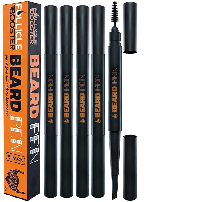 Beard Pen Filler for Men - Barber Styling Grooming Pencil, Waterproof & Sweat Proof, Long Lasting, Natural Finish, Cover Beard & Scalp Patches, Deep Dark Brown, 5 Pack
