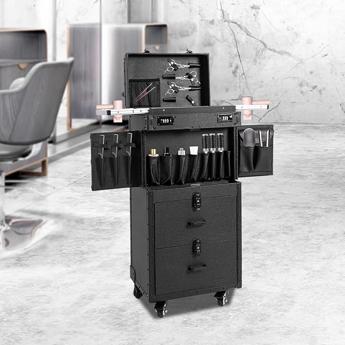 CNCEST Beauty Salon Luggage, Rolling Lockable Hair Stylist Travel Case Hairdressing Trolley Stylist Beauty Salon Cosmetic Luggage Travel Organizer Tool Box with Hair Dryer Holder(All Black)