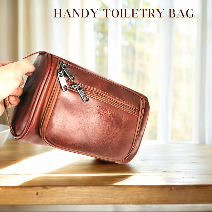 Mens Toiletry Bag, Compact Dopp Kit for Men Travel, PU Leather Shaving Kit, Water-Resistant Minimalist Organizer with Wrist Strap, Fits Grooming Essentials,Large 10x6.5x4 Inch Mocha Brown