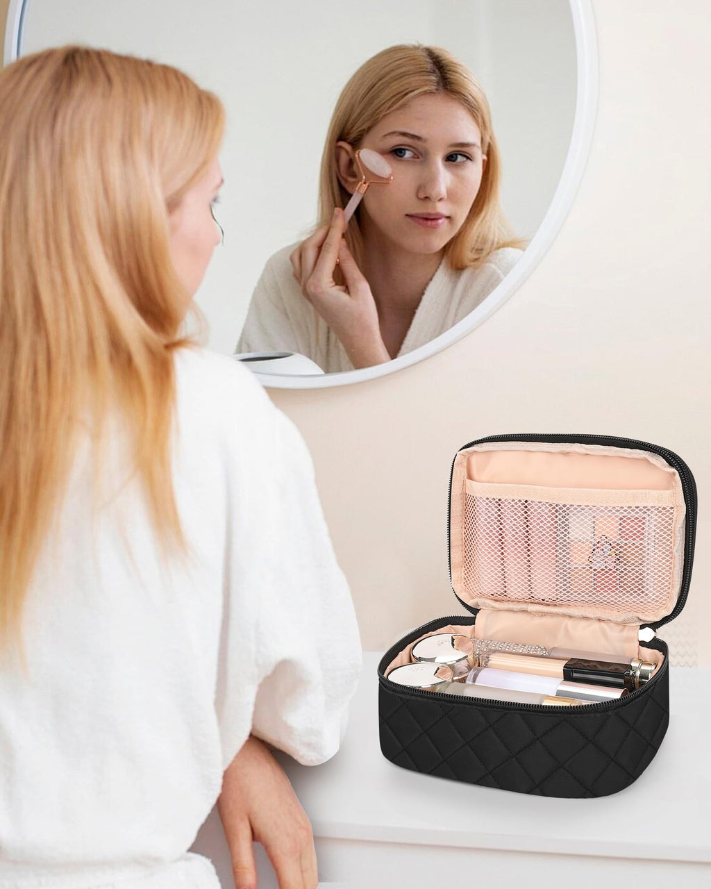 Relavel Small Makeup Bag, Travel Cosmetic Bag with Makeup Brush Compartment, Cute Make Up Pouch for Women, Double Layer Toiletry Organizer for Short Trip, Office - Black