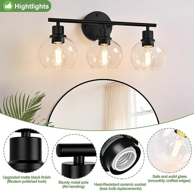 3-Light Bathroom Light Fixtures, Black Bathroom Lights Over Mirror with Clear Glass Globe Shade, Vanity Lights for Bathroom Kitchen Living Room Hallway Cabinet Bedroom Porch.