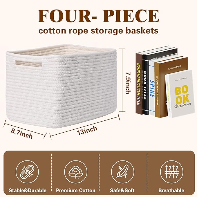 Storage Baskets for Organizing, 4 Pack Baskets for Shelves, Decorative Storage Bins for Shelves, Cotton Rope Storage Basket with Handles, Woven Basket for Storage, 13''Lx8.7''Wx7.9''H, White