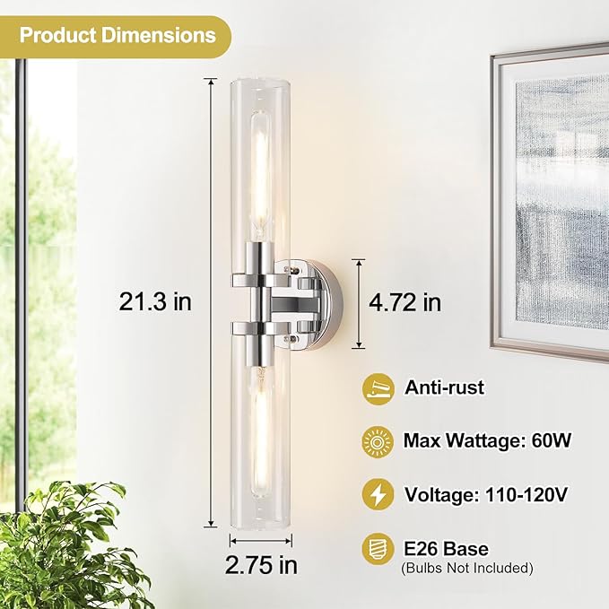 Wall Sconces Set of Two, Chrome Bathroom Sconces Wall Lighting with Clear Glass, Modern Sconces Wall Decor Set of 2 Bathroom Light fixtures for Mirror Living Room Hallway Bedroom