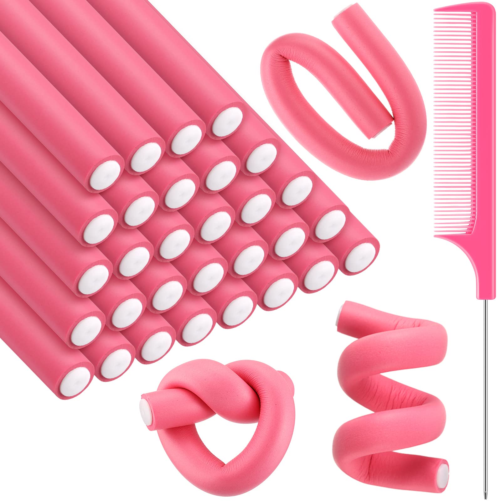 Syhood 30 Pcs Flexible Curling Rods 9.45 Twist Foam Rollers Soft Foam No Heat Hair Rods Rollers and 1 Steel Pintail Comb Rat Tail Comb for Women Long Short Hair(Pink,9.45 x 0.55 Inch)