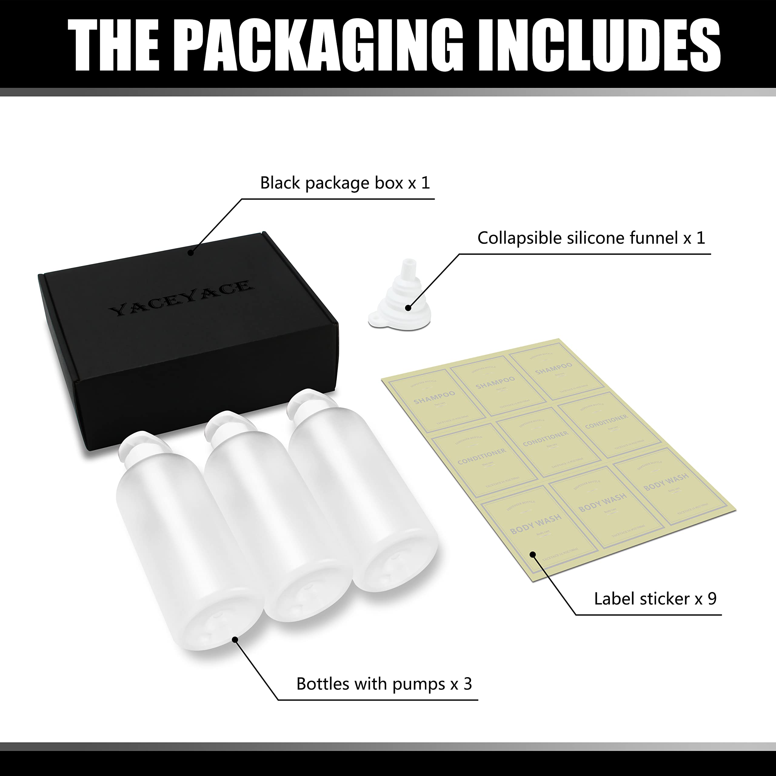 Shampoo Bottles Refillable with Pump, YACEYACE 3Pcs 16.9oz Matt Clear Empty Shampoo Dispenser, Shower Soap Dispenser, Refillable Shower Bottles with Labels, Conditioner Dispenser