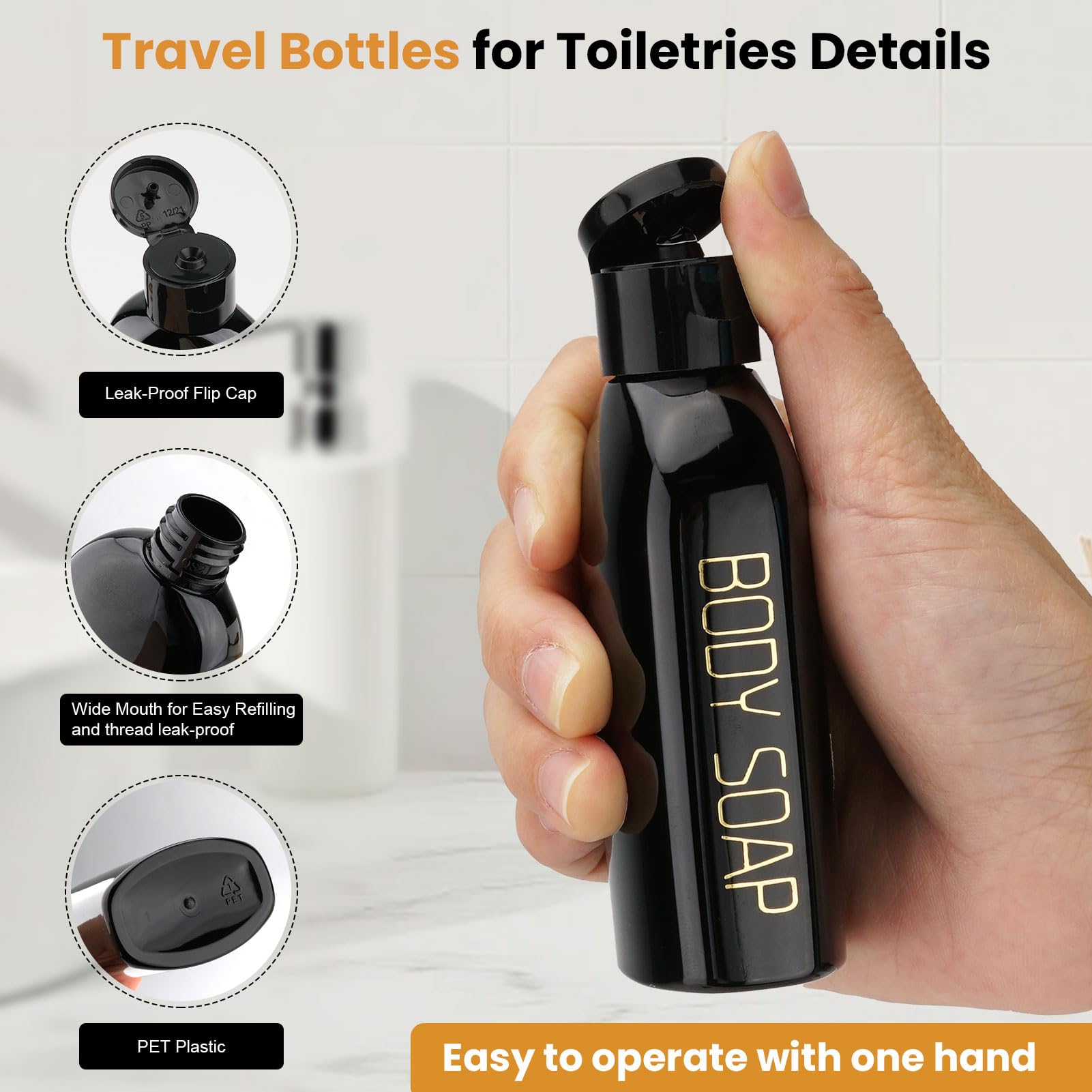 Cosywell Travel Bottles for Toiletries 4pcs 3.4oz Travel Shampoo and Conditioner Bottles TSA Approved Travel Size Containers Leak Proof Small Plastic Squeeze Bottles with Flip Cap(Black)