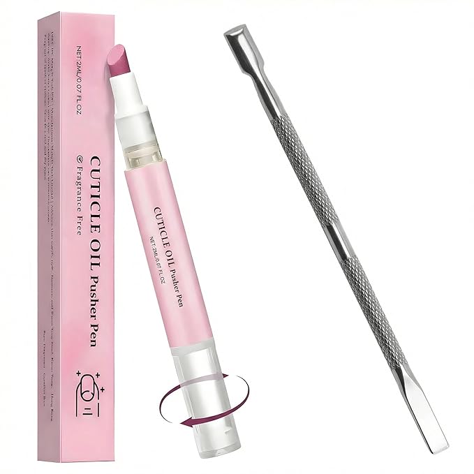 Rhostry Ceramic Cuticle Pusher & Nail Oil Pen, 2-in-1 Nail Care Tool for Sensitive or Damaged Nails, Gentle Hangnail Remover, Portable Nail Pen with Stainless Steel Cuticle Cleaner (Pink)