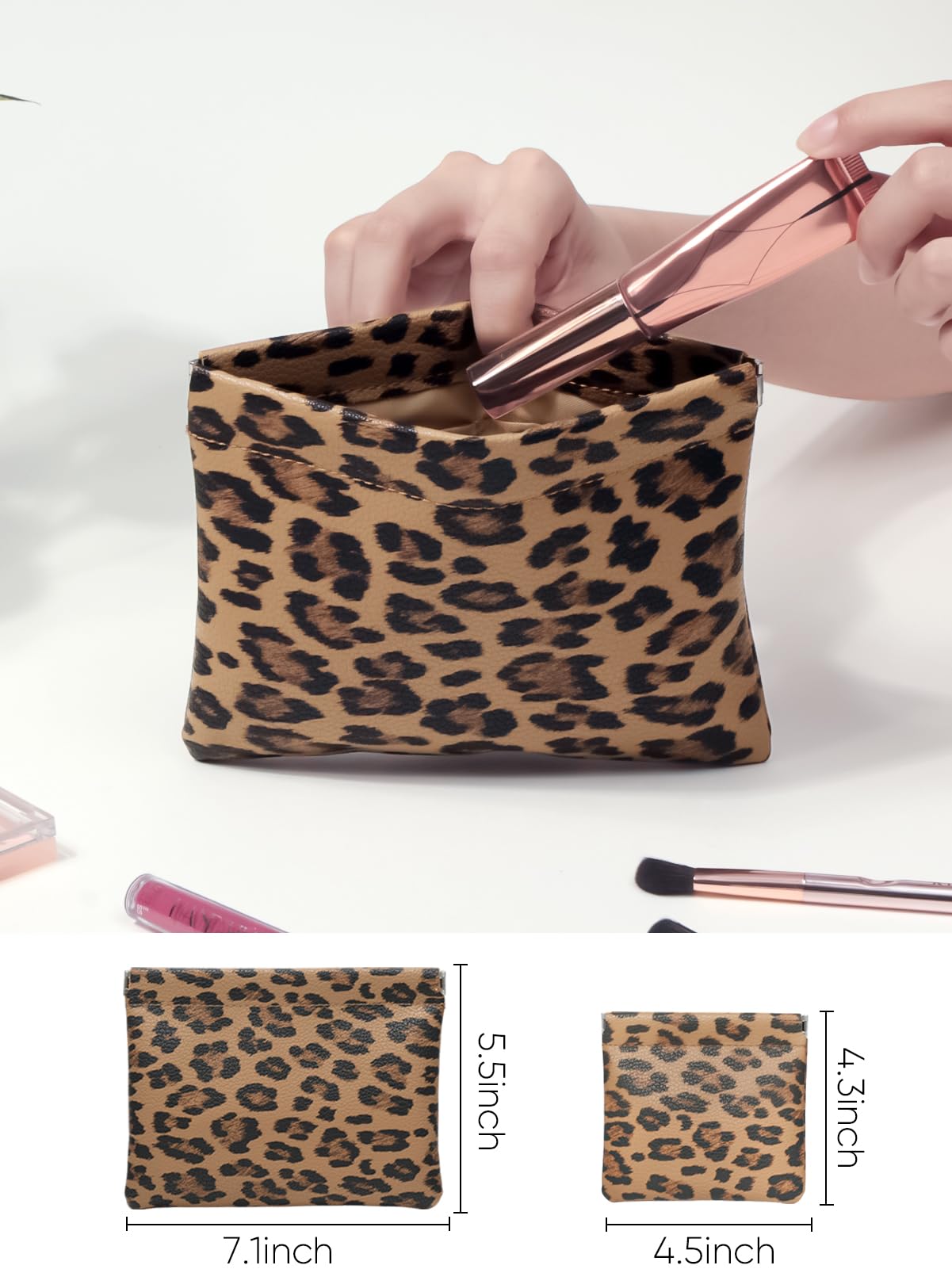 Ksriylm 2 Leopard Leather Small Makeup Pouches Set for Women,Cosmetic Accessories,Waterproof and Portable Cosmetic Bags,Self-closing,No Zipper, Aesthetic Storage Pouch,Lipstick for Purse, Brown