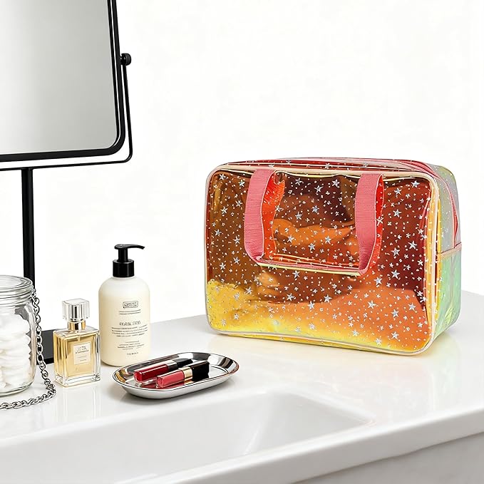 TotePrint Holographic Brown Clear Star Large Cosmetic Bag and TPU Travel Pouch with Handle,Durable Material,Zipper Design-Ideal for Makeup,Travel Essentials 11.81x5.12x8.27inch (Brown)