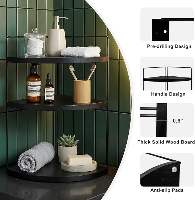Corner Bathroom Counter Organizer Countertop Black, 3-Tier Corner Shelf Wood Vanity Tray Easy Assembly Space Saving Shelf for Kitchen, Bathroom, Dresser, Makeup, Office