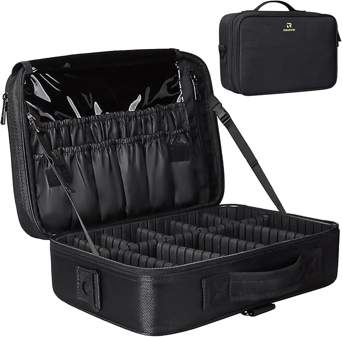 Relavel Makeup Bag Train Case for Women Travel Cosmetic Organizer with Adjustable Dividers and Brush Compartment, Large Storage Box for Cosmetics, Toiletries, Nail Polish, Jewelry, Electronic (Black)