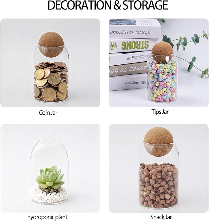 1 Pack 6.69 In Glass Storage Container, Ball Cork Jar Decorative Organizer, Cute Canister for Tip Change Sugar/Cotton Swab Holder