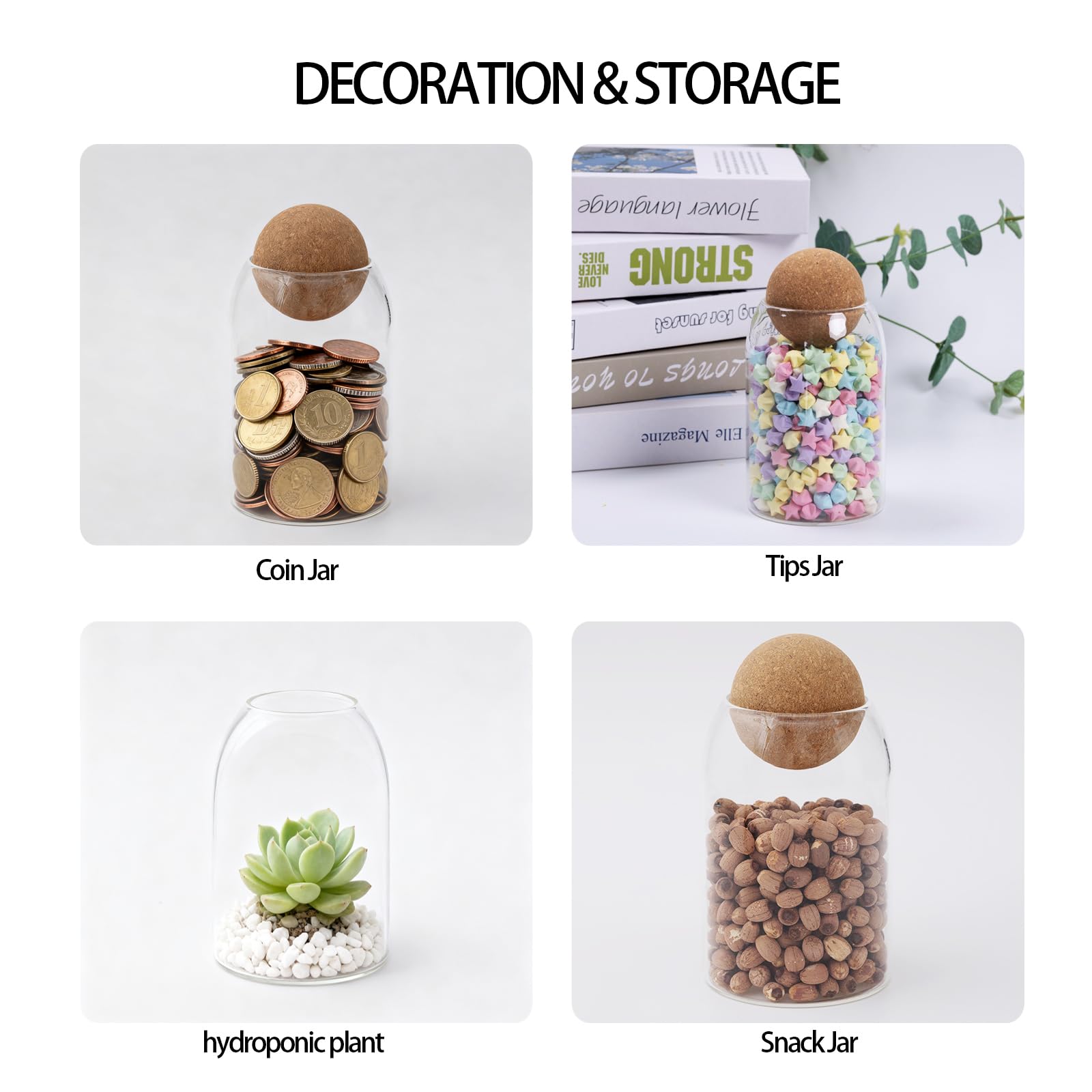 NovaPuff 1 Pack 6.69 In Glass Storage Container, Ball Cork Jar Decorative Organizer, Cute Canister for Tip Change Sugar/Cotton Swab Holder