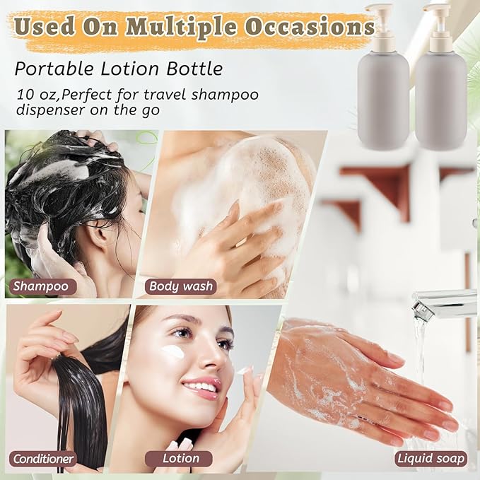 DMuuuDM 6 Pcs 10 oz Soft Plastic Bottles with Press Pump,Empty Refillable Travel Shampoo Dispenser Container for Hand Soap,Shampoo,Lotion,Body Wash,Conditioner,Silicone Funnel Included (Grey)