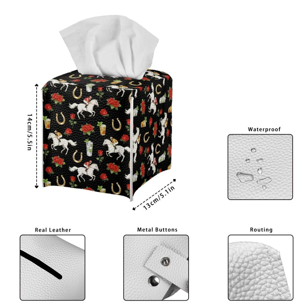 Pzuqiu Rose Racing Horse Decorative Tissue Box Cover, Waterproof PU Leather Square Holder with Metal Button, Protective Napkin Case for Bathroom Countertop, Office Desk, and Car Interior