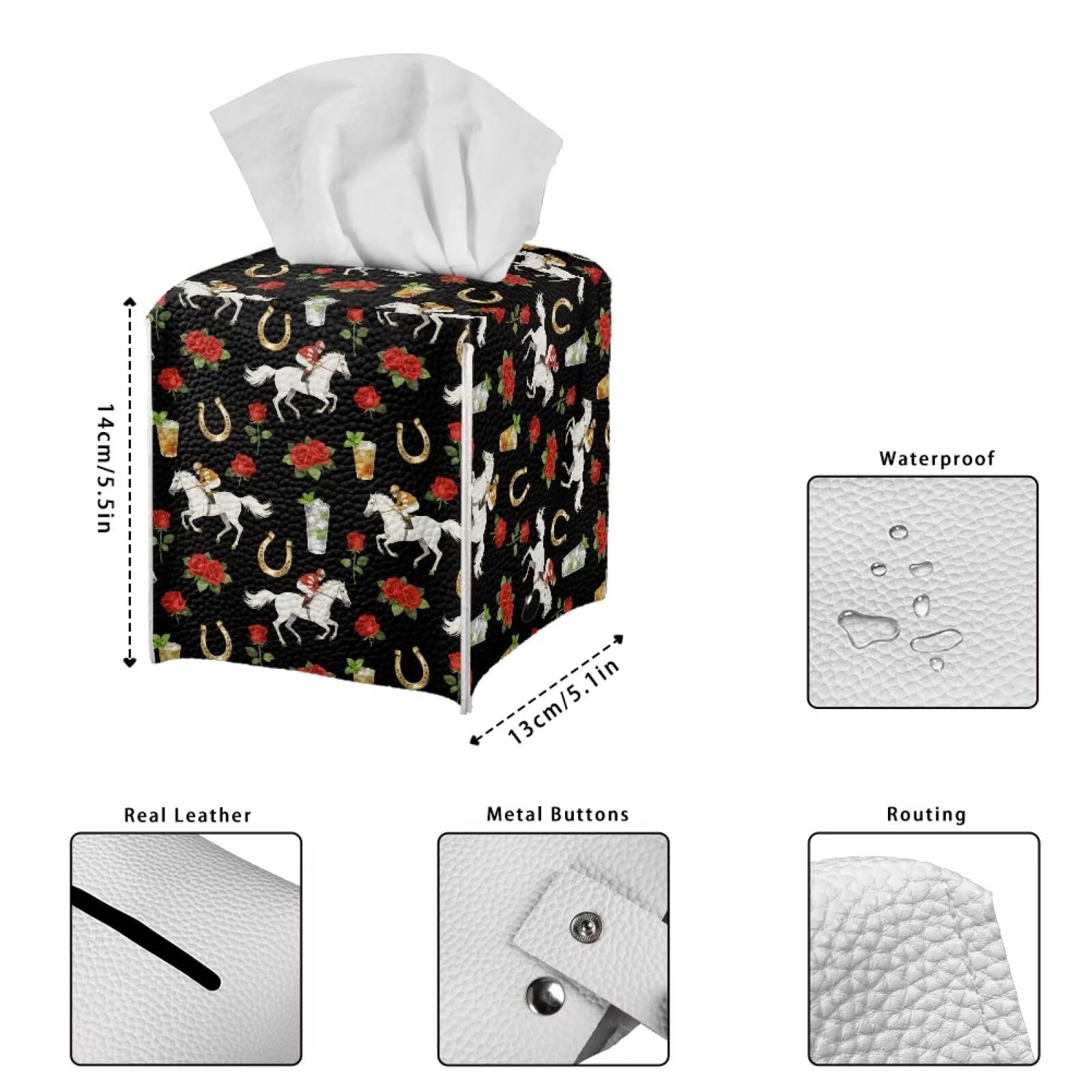 Pzuqiu Rose Racing Horse Decorative Tissue Box Cover, Waterproof PU Leather Square Holder with Metal Button, Protective Napkin Case for Bathroom Countertop, Office Desk, and Car Interior