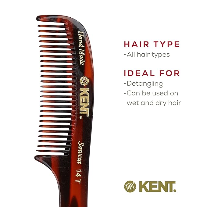 Kent 14T Hair Detangling Comb, Wide Tooth Comb for Long Hair, Wet and Dry Handmade Detangler for Women, Saw-Cut and Hand Polished Made in England