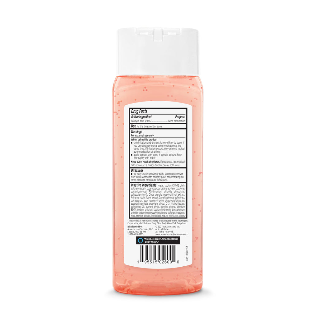 Amazon Basics Clarifying Pink Grapefruit Body Wash, 2% Salicylic Acid Acne Treatment, Foaming, Refreshing, Prevents Breakouts, Dermatologist Tested, 8.5 fl oz, 4-Pack (Previously Solimo)