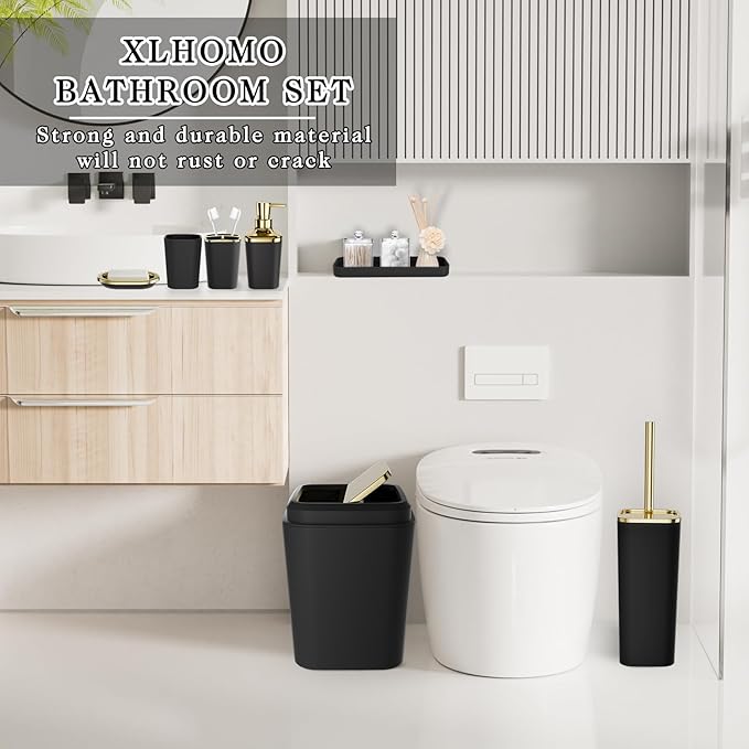 XLHOMO Bathroom Set, 9PC Bathroom Accessory Set, Black Bathroom Accessories, Black Bathroom Set, Trash Can, Soap Dispenser for Home Decor